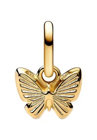 Goldener Schmetterlingsanhänger mit detaillierter Flügeltextur, einer glatten Aufhängeschlaufe und gravierten Akzenten. Elegantes Design, das sich für Schmuckanwendungen eignet.