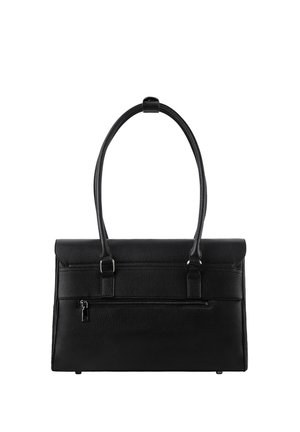 Sac en cuir noir au design structuré, avec deux poignées, un rabat à l'avant et une poche zippée à l'arrière ; détail de surface texturé.