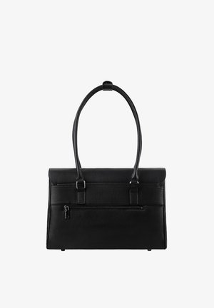 Schwarze Ledertasche mit strukturiertem Design, doppelte Griffe, Klappe vorne und einem Reißverschlussfach auf der Rückseite; strukturierte Oberflächendetails.