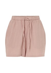 Roze katoenen shorts met een gestructureerd, gekreukt ontwerp. Heeft een elastische tailleband en een trekkoord voor aanpassing.
