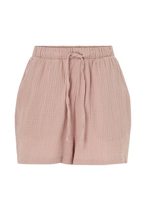 Roze katoenen shorts met een gestructureerd, gekreukt ontwerp. Heeft een elastische tailleband en een trekkoord voor aanpassing.