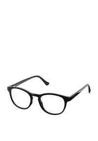 Black rectangular eyeglasses with thick plastic frames, featuring a smooth finish and subtle branding on the sides. Clear lenses.