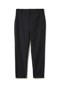 Pantaloni neri su misura realizzati in un tessuto liscio, con una parte anteriore piatta, due tasche laterali e un girovita classico con passanti per la cintura.