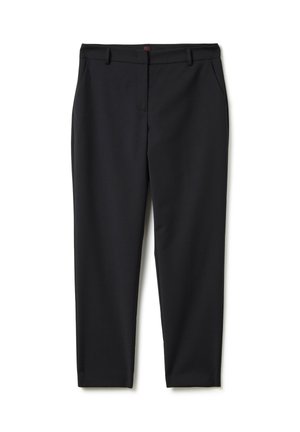 Pantalones negros a medida hechos de una tela suave, con un frente plano, dos bolsillos laterales y una cintura clásica con pasadores para cinturón.