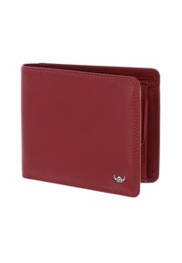 Portefeuille bifold en cuir rouge avec des coutures visibles et un petit emblème argenté dans le coin inférieur droit, montré légèrement ouvert.