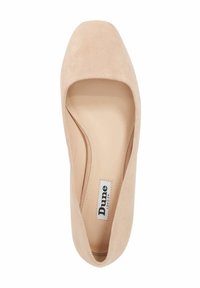 Nude suede flat shoe with a square toe, smooth inner lining, and a branded insole. Simple, minimalist design without embellishments.