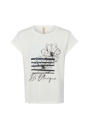 T-shirt blanc à manches courtes avec des fleurs dessinées en noir, des points bleus, des rayures horizontales noires et le texte "Be Unique" sur le devant.