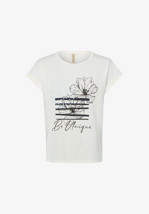 Weißes T-Shirt mit kurzen Ärmeln, bedruckt mit schwarz gezeichneten Blumen, blauen Punkten, horizontalen schwarzen Streifen und dem Text "Be Unique" auf der Vorderseite.