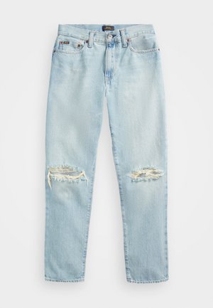 Lyseblå denim jeans med revnede detaljer på begge knæ, femlomme-stil, og Polo Ralph Lauren-mærke på linningen.