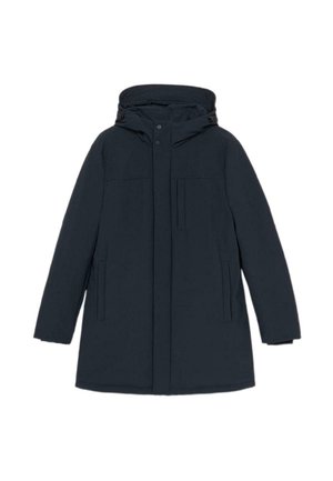 Granatowy parka z kapturem o prostym kroju, z przodem zapinanym na guziki, dwiema bocznymi kieszeniami i gładką teksturą.