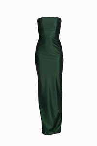 Satin zelena haljina bez naramenica s uskim korzetom, nabrane detalje na vrhu i elegantnim, ravnim siluetom koja seže do poda.