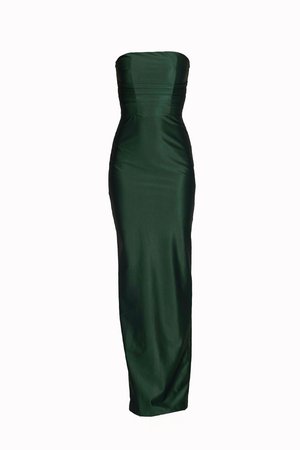Robe sans manches en satin vert avec un corsage ajusté, des détails froncés en haut et une silhouette droite et élégante se prolongeant jusqu'au sol.