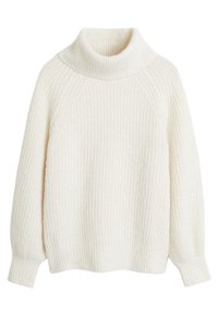 Crème-kleurige gebreide trui met een hoge, geribbelde col, een oversized silhouet en taps toelopende mouwen met geribbelde manchetten.