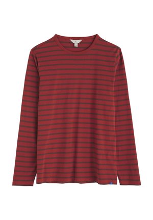 Dlhý rukáv pruhovaná košeľa s červeným základom a tmavošedými horizontálnymi pruhmi. Okrúhly výstrih a malé modré logo na leme. Mäkká tkanina.