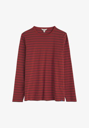 Dlhý rukáv pruhovaná košeľa s červeným základom a tmavošedými horizontálnymi pruhmi. Okrúhly výstrih a malé modré logo na leme. Mäkká tkanina.