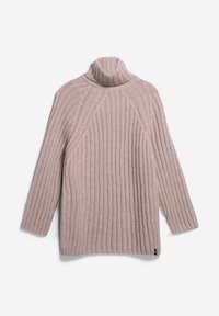 Ljusrosa ribbad polotröja med långa ärmar och en lös passform. Har en texturerad stickning och en sidossprick för ökad komfort.