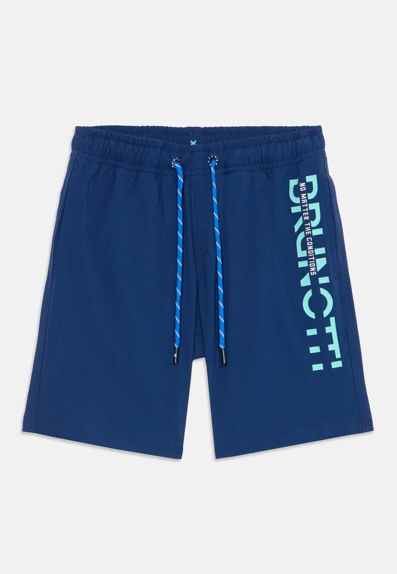 Calções de banho de cor azul-marinho feitos de tecido leve, com um cós elástico e cordões azuis, além de uma impressão lateral em texto azul-claro.