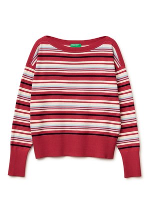 Sweter z długim rękawem z poziomymi paskami w kolorach czerwonym, białym, czarnym i jasnoniebieskim, z prążkowanymi mankietami i dolnym brzegiem, okrągły dekolt.