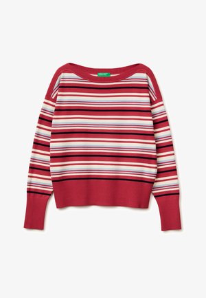 Jersey de manga larga con rayas horizontales en rojo, blanco, negro y azul claro, con puños y dobladillo acanalados, cuello redondo.