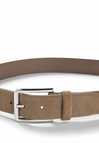 Suede belt in light brown with a smooth finish. Features a silver-toned metal buckle and an adjustable prong with multiple holes.