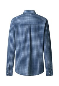 Tmavomodrá kockovaná košeľa s dlhými rukávmi, bielym mriežkovým vzorom, zapínaním na gombíky na manžetách a klasickým golierom. Mäkká látka so mierne štruktúrovaným dizajnom.