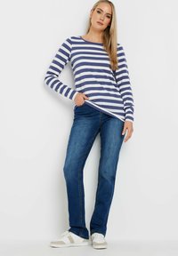 Raidallinen pitkähiha toppi tummansinisestä ja valkoisesta, yhdistetty sinisiin farkkuihin ja valkoisiin tennareihin. Rentomallinen, jossa pyöreä kaula-aukko ja sivutasku.