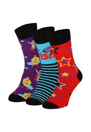 Three colorful socks with black cuffs: one purple with superheroes, one blue with stripes and "Super Dad" text, one red with multicolored stars.