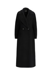 Czarny wełniany płaszcz o dwurzędowym kroju, z dużymi klapami i dekoracyjnymi złotymi guzikami. Długie rękawy i długość do połowy łydki. Miękka faktura.