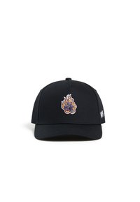Cappellino da baseball nero in tessuto, con una grafica a motivo fiamma di un drago sul davanti e un logo Vans sul lato.