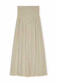 Gonna in lino beige con top arricciato, design fluido e pieghe raccolte. Lunghhezza fino al polpaccio, realizzata in un tessuto morbido e testurizzato.