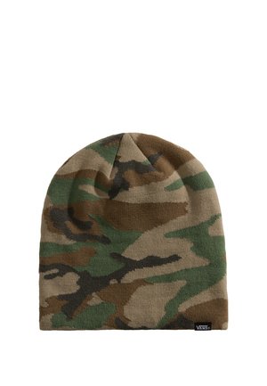 Knit beanie with green, brown, and tan camouflage pattern, featuring a small black Vans logo tag at the bottom edge.