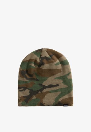 Czapka z dzianiny z zielonym, brązowym i beżowym wzorem kamuflażu, z małą czarną metką z logo Vans na dolnym brzegu.