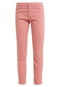 Jeans de mezclilla rosas, de corte ajustado, diseño clásico de cinco bolsillos, con cremallera y cierre de botón, y detalles de costura sutiles en los bolsillos frontales.