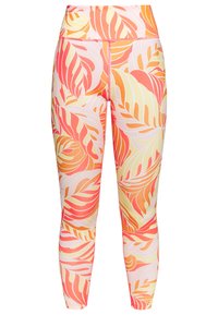 Legginsy z wysokim stanem, z żywym wzorem liści w odcieniach różu, pomarańczu i jasnego żółtego, wykonane z elastycznego, gładkiego materiału.