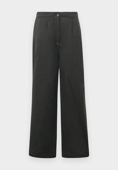 Black wide-leg trousers with a smooth texture, featuring front pleats, a button closure, and an elastic waistband for comfort.