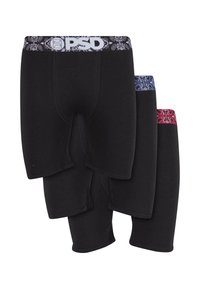 Trīs pāri melnu vīriešu bokseru apakšbriņķu ar paisley raksta jostas, kas ir melnā, zilā un sarkanā krāsā, kārtojami šķērsām.