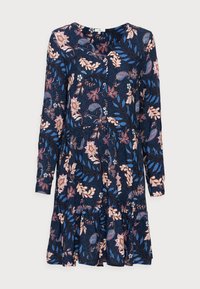 Robe bleu marine à manches longues, motifs floraux et feuillages en rose et bleu, col rond, fermeture à boutons et jupe évasée.