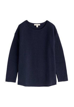Pull bleu marine en maille texturée, avec un col rond et des manches longues à épaule déchue, ourlet droit.