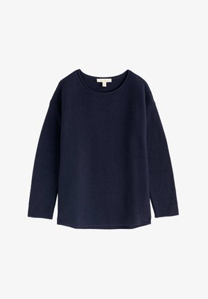 Marineblauer Pullover aus strukturiertem Strickstoff, mit rundem Ausschnitt und langen Ärmeln mit überschnittenen Schultern, geradem Saum.