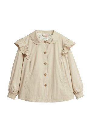Beige coat with a rounded collar, short ruffled sleeves, six button front closure, two side pockets, and subtle floral detail on the collar.