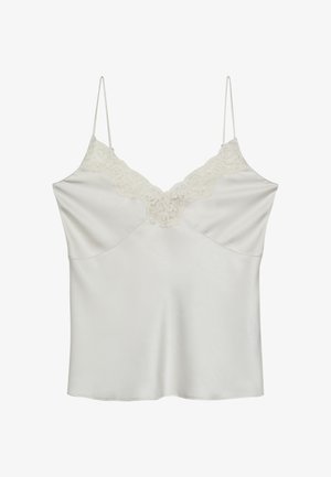 Weißes Satin-Camisole mit Spitzenverzierung entlang des V-Ausschnitts, ausgestattet mit dünnen, verstellbaren Trägern und einer glatten Textur.