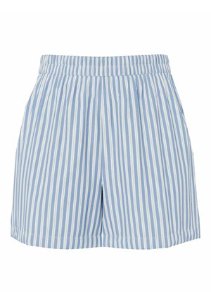 Šviesiai mėlyni ir balti vertikalūs dryžuoti šortai su elastinga juosmens juosta, šoninėmis kišenėmis ir laisvo kirpimo.