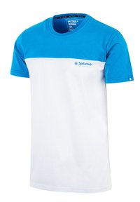 Blau-weißer Kurzarm-T-Shirt aus Baumwolle. Mit Rundhalsausschnitt und horizontalem Farbblockdesign. Logo auf der Brust.