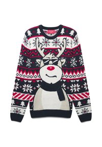 Maglione natalizio lavorato a maglia in navy, crema e rosso. Presenta un design di renna con corna, una sciarpa e motivi di fiocchi di neve su tutta la superficie.