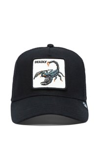 Black baseball cap with embroidered scorpion patch. Features "DEADLY" text, structured design, and mesh back for breathability.
