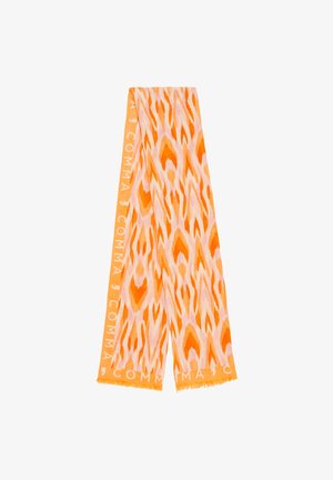 Szalik z żywym pomarańczowym i różowym wzorem ikat, z frędzlami na brzegach i logo umieszczonym po jednej stronie. Wykonany z lekkiego materiału.