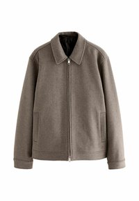 Braune Wollmischungjacke mit einem Kragen, Reißverschluss, Seitentaschen und einem glatten Futter. Einfaches Design und strukturierte Oberfläche.