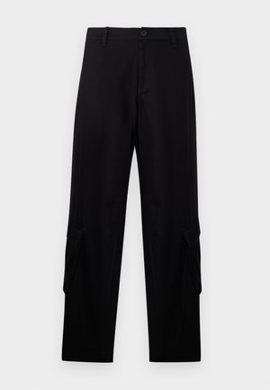 Black straight-leg cargo pants with belt loops, front button, zipper closure, and flap pockets on each thigh.