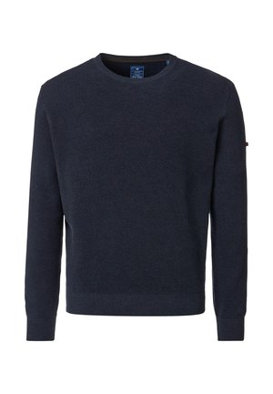 Marineblaues Strickpullover mit langen Ärmeln, rundem Ausschnitt und strukturiertem Stoff. Verfügt über gerippte Bündchen und einen Saum für eine taillierte Passform.