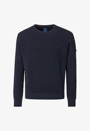 Marineblaues Strickpullover mit langen Ärmeln, rundem Ausschnitt und strukturiertem Stoff. Verfügt über gerippte Bündchen und einen Saum für eine taillierte Passform.